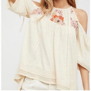 Free People Peasant Top With Beading and Floral Embroidery